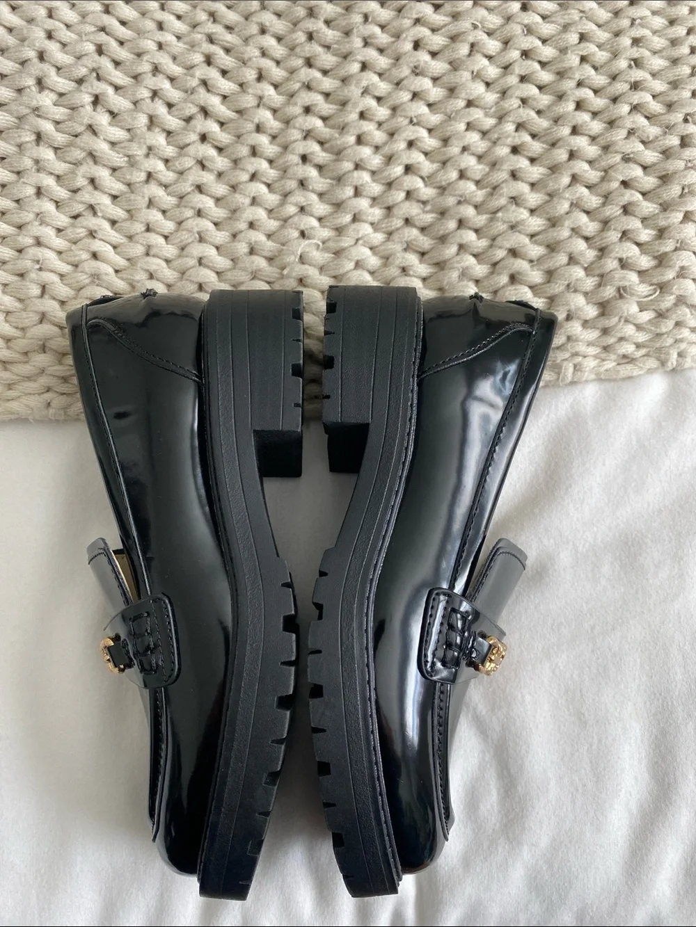 Sam Edelman Black Patent Loafers with Gold Chain Accent
